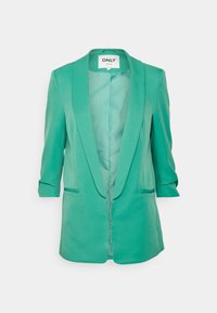 Teal, dopasowana żakiet damski z rękawami do łokcia, z kołnierzem szalowym i otwartym przodem, wykonany z gładkiego materiału z bocznymi kieszeniami.