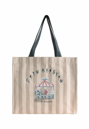 Beige gestreepte draagtas met zwarte handvaten, met een kleurrijke illustratie van een bloemenmarkt en de tekst "Cath Kidston Flower Market".
