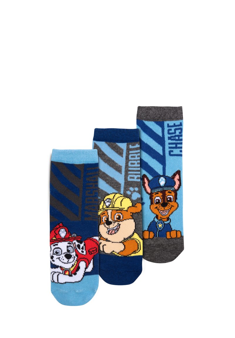 Set di tre calzini con personaggi di cani cartoon. I colori includono blu, grigio e nero. Ogni calzino ha un design e un'illustrazione del personaggio distinti.