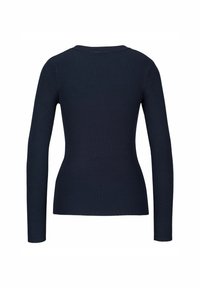 Marineblaues, geripptes Langarmoberteil mit Rundhalsausschnitt und figurbetonter Silhouette. Weicher Stoff mit nahtlosem Design. Rückansicht dargestellt.