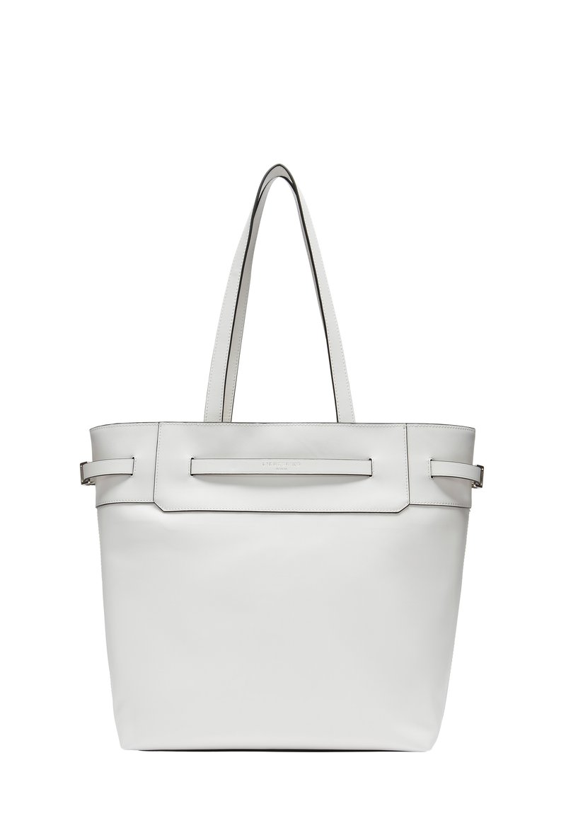 Weiße Leder-Shopper-Tasche mit doppelten Griffen, strukturierter Form, flachen Akzenten und minimalistischem Design.