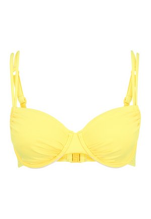 Bikini jaune avec des bonnets souples, des détails froncés, des bretelles fines ajustables et un système de fermeture à l'arrière. Texture lisse.