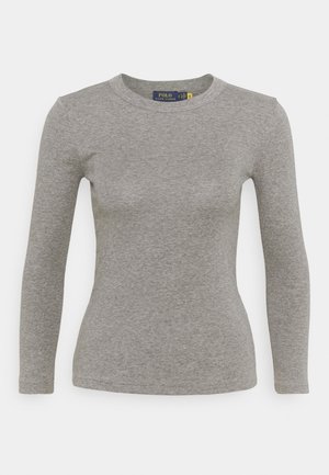 Graues, tailliertes Langarmshirt mit Rundhalsausschnitt und Polo Ralph Lauren-Label innen im Kragen.