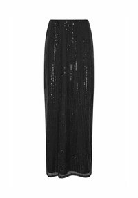 Gonna nera in paillettes con strisce verticali e silhouette dritta. Presenta una texture a coste e un orlo liscio, creando un aspetto elegante.