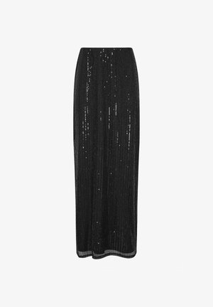 Czarna spódnica z cekinami w pionowe paski o prostym kroju. Posiada żebrowaną teksturę i gładki doł, co tworzy elegancki wygląd.