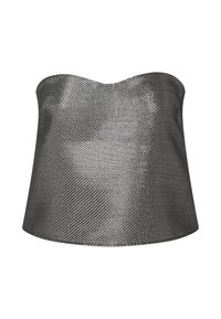 Metallic sølv off-shoulder top, der har en glat tekstur med et subtilt diagonalt mønster. Flared form, struktureret design for en tætsiddende silhuet.