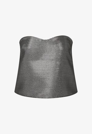 Metallisk sølvfarget strapless topp, med en glatt tekstur og et subtilt diagonalt mønster. Svingende form, strukturert design for en tettsittende silhuett.