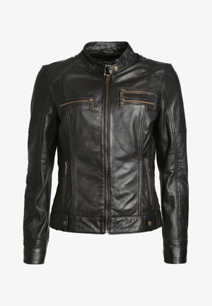 Veste de moto en cuir noir avec un col montant, des poches zippées et des panneaux texturés sur les épaules et les manches. Accents en matériel doré.