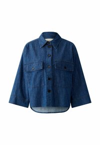 Jeansjack met een knoopsluiting aan de voorkant, twee borstzakken, een puntige kraag en verkorte mouwen. Donkerblauwe stof met een egale textuur.