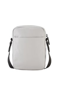 Borsa a tracolla grigia in tessuto con una forma rettangolare, unico manico regolabile e tasca frontale con zip.