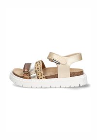 Beige sandals featuring three straps: one metallic brown, one shiny silver, and one with a leopard print. White rubber sole for traction.