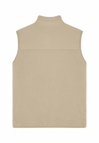 Veste sans manches en polaire beige avec col montant, présentant un tissu texturé doux sur le bas du dos et un tissu lisse sur le haut du dos.