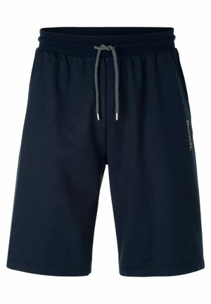 Bermudas azul marino de tela suave, con una cinturilla elástica y cordón, y un acento de logo en gris claro en el lateral.