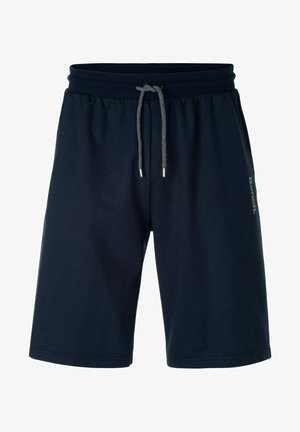 Marineblaue Shorts aus weichem Stoff mit elastischem Bund und Kordelzug, sowie seitlichem Logo-Akzent in Hellgrau.