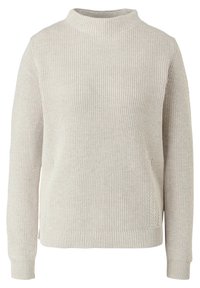 Hellbeiger Strickpullover mit hohem Kragen, langen Ärmeln, gerippter Textur und Seitennähten mit Chevron-Muster.