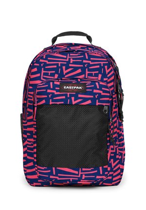Navy blue backpack with pink geometric patterns, featuring a black mesh front pocket, zip closure, and top handle for easy carrying.