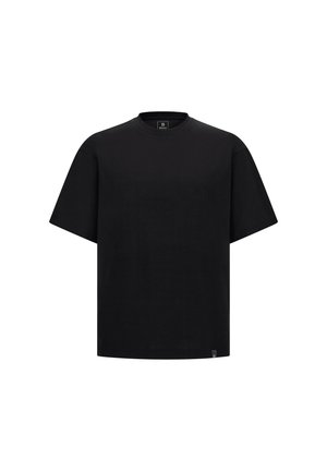 T-shirt nera a maniche corte in cotone con colletto rotondo. Presenta una vestibilità ampia e una piccola etichetta del marchio sul lato sinistro in basso.