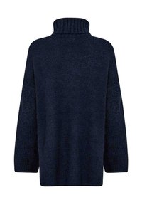 Pull à col roulé oversize bleu marine avec manches longues, tissu texturé et col côtelé. Design simple sans motifs ni accents.