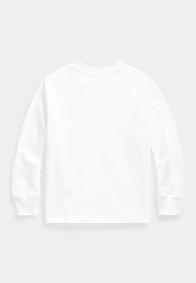 Gładki biały longsleeve z okrągłym dekoltem, pokazany od tyłu, z prążkowanymi mankietami i prostym dołem.