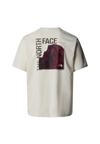 Krémové tričko s krátkým rukávem z bavlny, se vínovým grafikou a textem "THE NORTH FACE" na zadní straně, s ilustrací hory ve tvaru čtverce.
