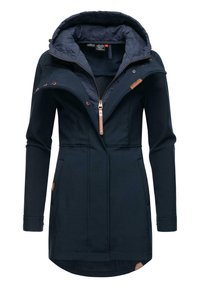 Dark blue softshell jacket with a quilted inner lining, adjustable hood, zippered front, and two side pockets, featuring a leather accent.