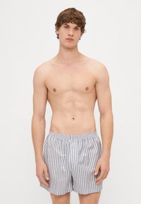 Ριγέ σορτς από ελαφρύ ύφασμα, με κάθετη γκρι και λευκή ρίγα, ελαστική μέση και άνετη κοπή.