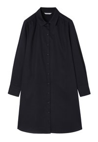 Must mustre topelt kleit, millel on kaelus, nööbid ees, volditud õlavarred ja sirge hem, mille servad on ümarad.