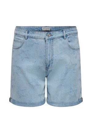 Short en jean bleu clair avec motifs d'étoiles brodés, bouton et fermeture éclair à l'avant, ourlets roulés, poches avant et poche monnaie.