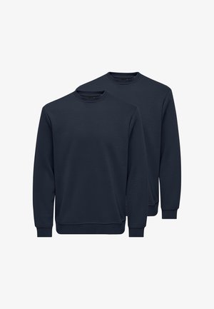 Two plain navy blue crewneck sweatshirts with long sleeves, ribbed cuffs, and hem, displayed on a white background.