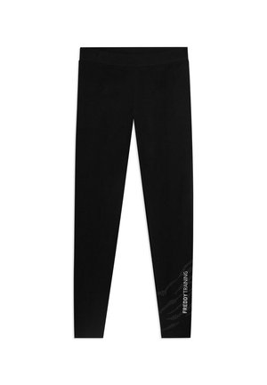 Leggings neri a tutta lunghezza con fascia elastica in vita, con la scritta "FREDDY TRAINING" e un sottile motivo a onde vicino alla parte inferiore della gamba destra.