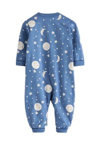 Blauw katoenen babyrompertje met lange mouwen, voorzien van een maan- en sterrenpatroon in lichte kleuren. Voorzien van omslagmouwen en enkels.