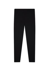 Czarne legginsy wykonane z elastycznego materiału; dopasowany krój z gładką fakturą i elastyczną talią. Bez wzorów ani dodatkowych detali.