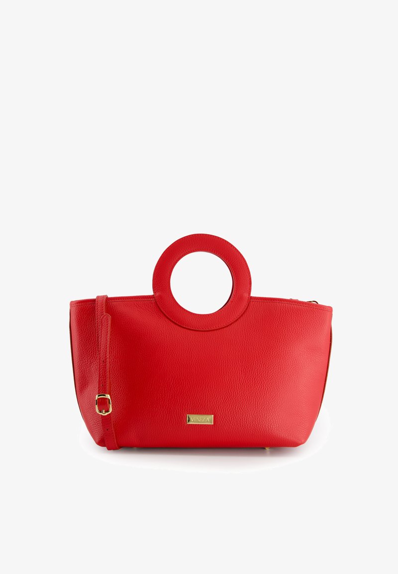 Red leather handbag with a round top handle, textured finish, gold logo accent, and a detachable strap. Features a zip closure.
