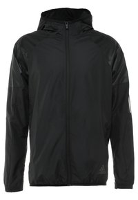 Czarna kurtka z kapturem, wykonana z gładkiego materiału. Posiada pełny zamek błyskawiczny, rękawy raglanowe oraz elastyczne mankiety. Logo na dolnej części przodu.