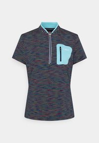 Top de manga corta con rayas horizontales multicolores, un cuello con media cremallera y un bolsillo sólido azul claro con una cremallera negra.