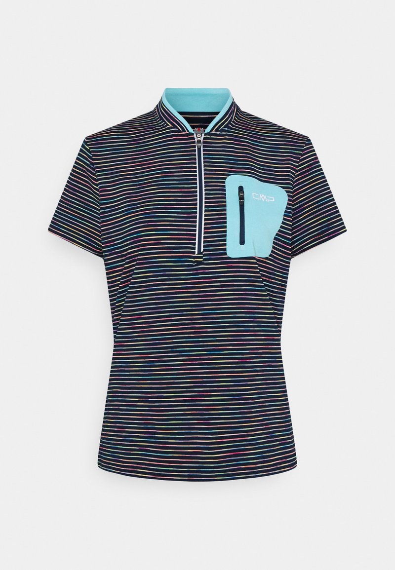 Top de manga corta con rayas horizontales multicolores, un cuello con media cremallera y un bolsillo sólido azul claro con una cremallera negra.