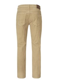 Beige Cordhosen mit geradem Bein, ausgestattet mit zwei Hintertaschen und einem braunen Lederakzent am Bund.