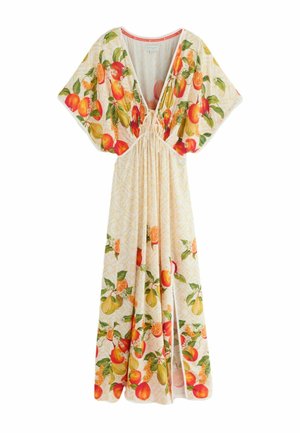 Langes cremefarbenes Kleid mit weiten Ärmeln und einem bunten Druck mit Orangen, Zitronen und grünen Blättern, ausgestattet mit tiefem V-Ausschnitt und tailliert.