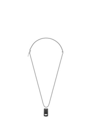 Silver chain necklace with rectangular black pendant featuring a small silver emblem at the bottom center.