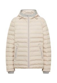 Veste matelassée beige avec capuche grise, fermeture éclair à l'avant et poches latérales. Présente un matériau matelassé et des poignets élastiques pour plus de chaleur.