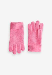 Roze gebreide handschoenen met een ribbelboord, met een zachte textuur en een klassiek vijfvingerontwerp. Geschikt voor gebruik in koud weer.