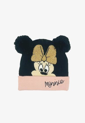 Black knit beanie with a pink band featuring an illustration of a character's face and a large gold bow on top, accented by two pom-poms.