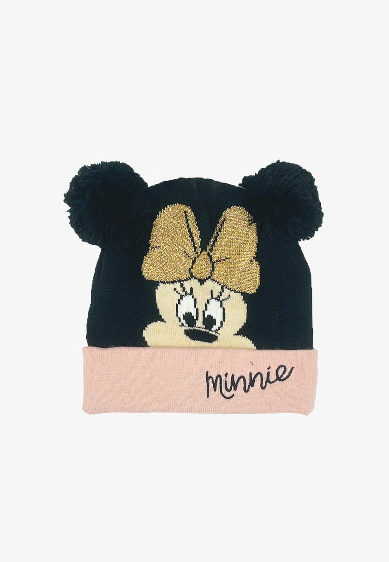 Gorro de punto negro con una banda rosa que presenta una ilustración del rostro de un personaje y un gran lazo dorado en la parte superior, acentuado por dos pompones.