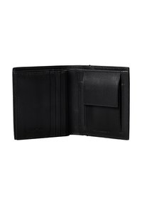 Czarny skórzany portfel z wieloma przegródkami na karty, przestronną komorą na dowód tożsamości i gładką, elegancką teksturą. Wnętrze cechuje minimalistyczny design.