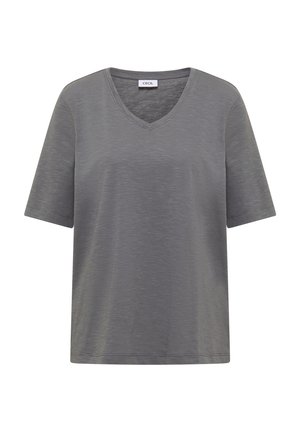 Graues T-Shirt mit kurzem V-Ausschnitt und regulärer Passform aus feinem, strukturiertem Stoff, mit der Aufschrift "Cecil" am Halsausschnitt.