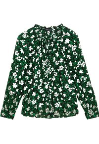 Grøn bluse med lange ærmer og hvidt blomstermotiv, rynket høj halsudskæring, frontknapper og samlede stofdetaljer.