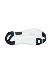Suela de zapato principalmente blanca con acentos negros. Presenta caucho texturizado para agarre, patrones rectangulares y ovalados distintos, y bordes curvados.