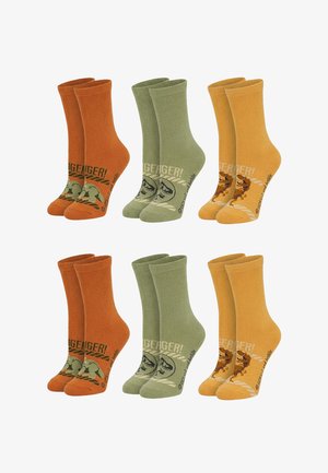 Six pairs of children's mid-calf socks in orange, green, and yellow, each with a dinosaur design and the word "GEAGER!" on the foot area.