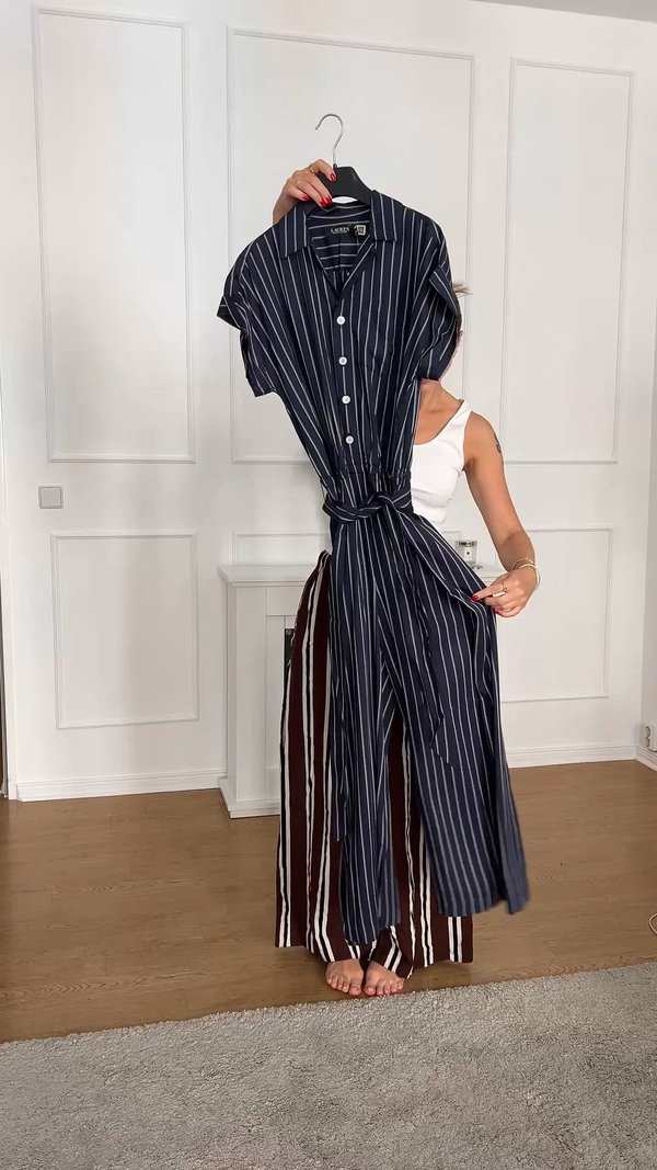 Striped Belted Twill Wide Leg Jumpsuit - Jumpsuit2
