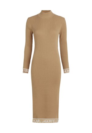 Ribbed, long-sleeve dress in camel color with high neckline. Features logo accents at sleeves and hem. Made from stretchy knit material.